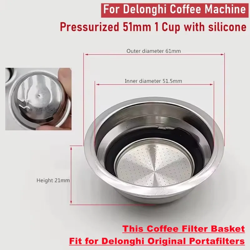 Pressurized 51mm Filter Basket Built-in Silicone Ring,Fits Original De\'Longhi Dedica EC685 EC680 Portafilter Filter Accessories