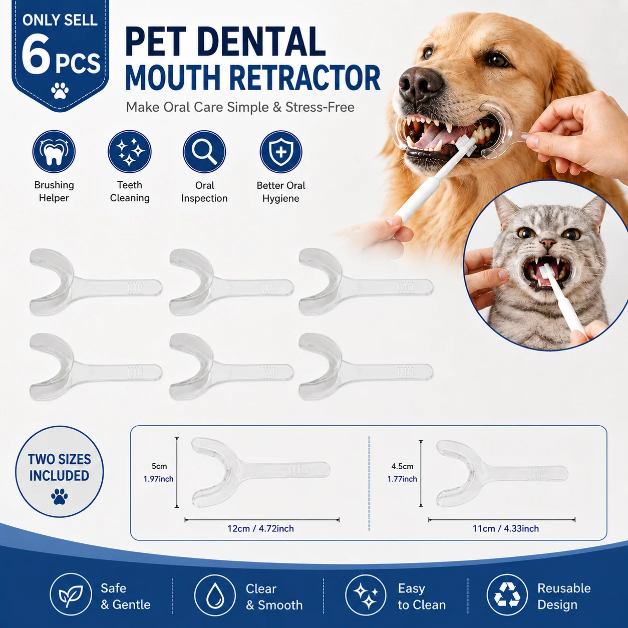 6 Pack Pet Mouth Retractor, Clear Reusable Design, Tooth Brushing Helper For Oral Care, Teeth Cleaning And Teeth Inspection