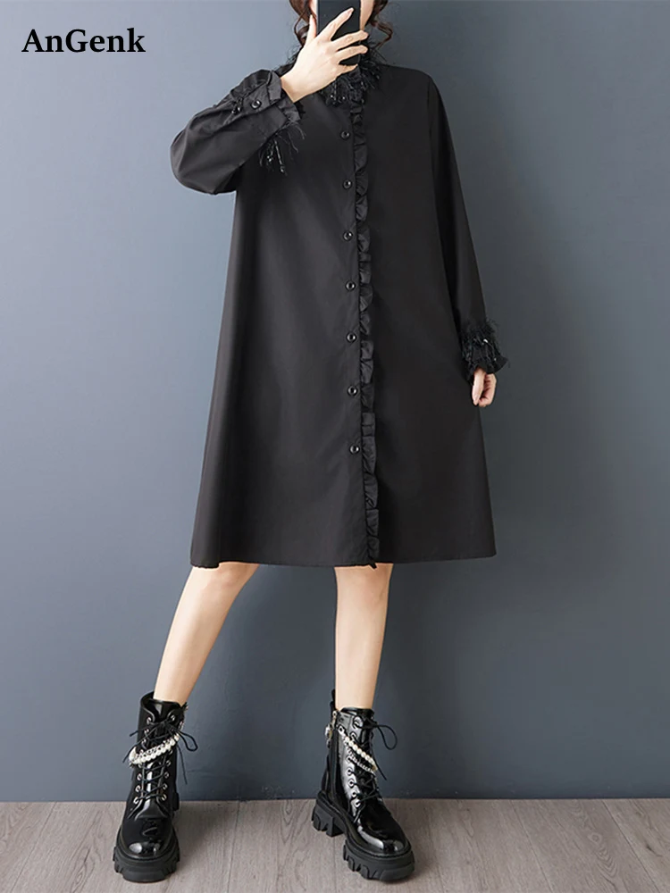 Oversized Black Vintage Shirt Dresses For Women Stand Collar Long Sleeve Loose Casual Dress Elegant Clothing Spring Autumn 2025