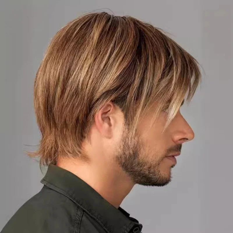 European and American men's short straight hair , golden-brown side-swept bangs wig