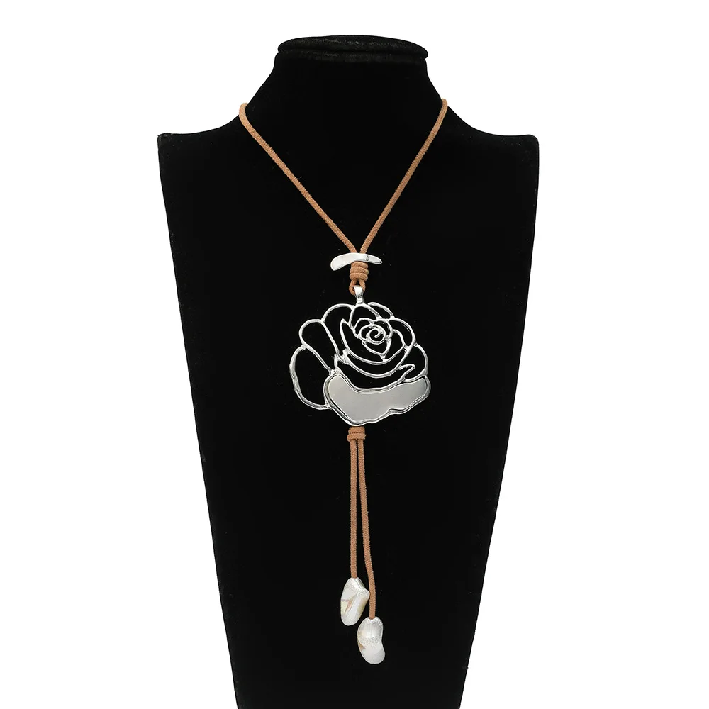 

Kaseakia Big Large Flower Pendant Rope Sweater Chain Long Necklace for Women