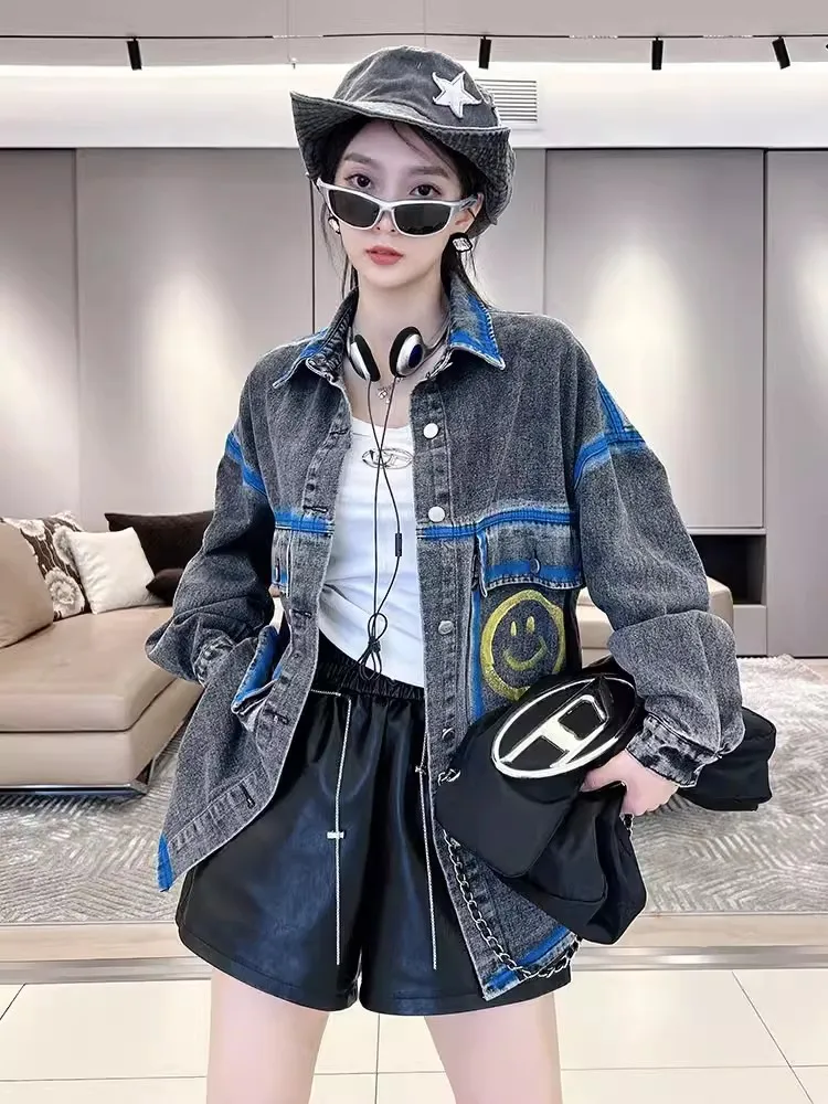 

Blue Print Denim Shirt Jacket Women's 2024 Spring and Autumn New Loose Thin Casual Fashion Long Sleeve Cardigan Top