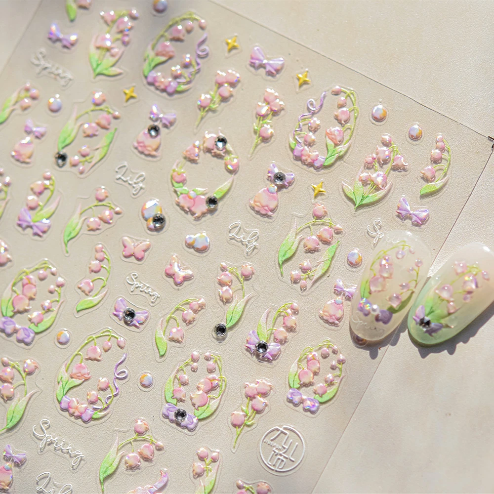 Lily of The Valley Star Spring Flower Bowknot Butterfly Water Bubbles Self Adhesive Nail Art Stickers Rhinestone Manicure Decals