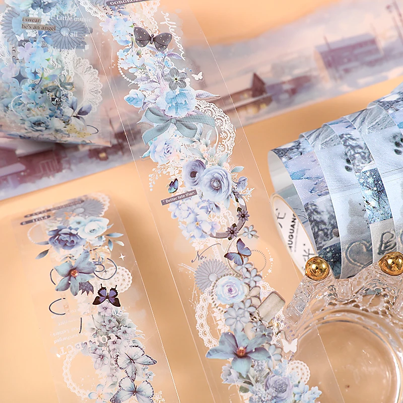 4 Styles PET Washi Tape Blue Floral Lace Moss Forest Mushroom Winter Snow Landscape Tape For Journal Scrapbooking DIY Crafts view 6