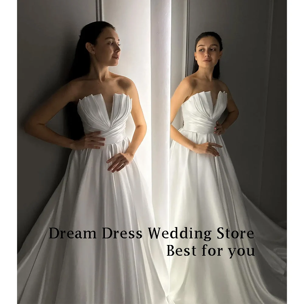 Customized Simple Long Ivory Wedding Dresses for Women V-Neck Floor-Length Sweep Train Bridal Dress Wedding Gown 2025