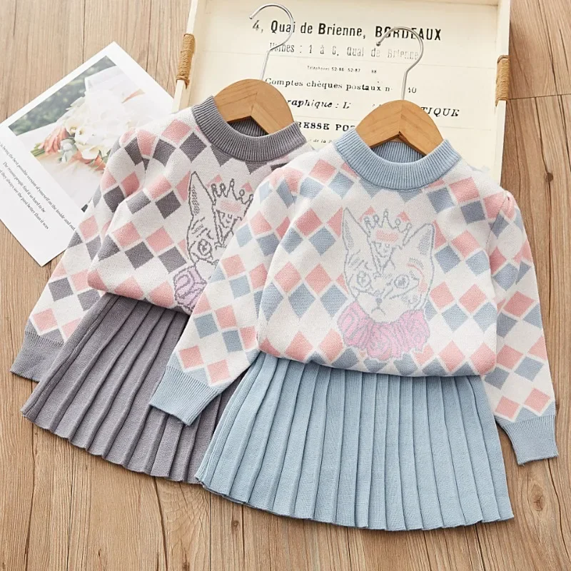 

Girls' Sweater Set Autumn/Winter Long Sleeve Knit Set New Girls' Diamond Cartoon Printed Knit Top+Pleated Skirt Two Piece Set