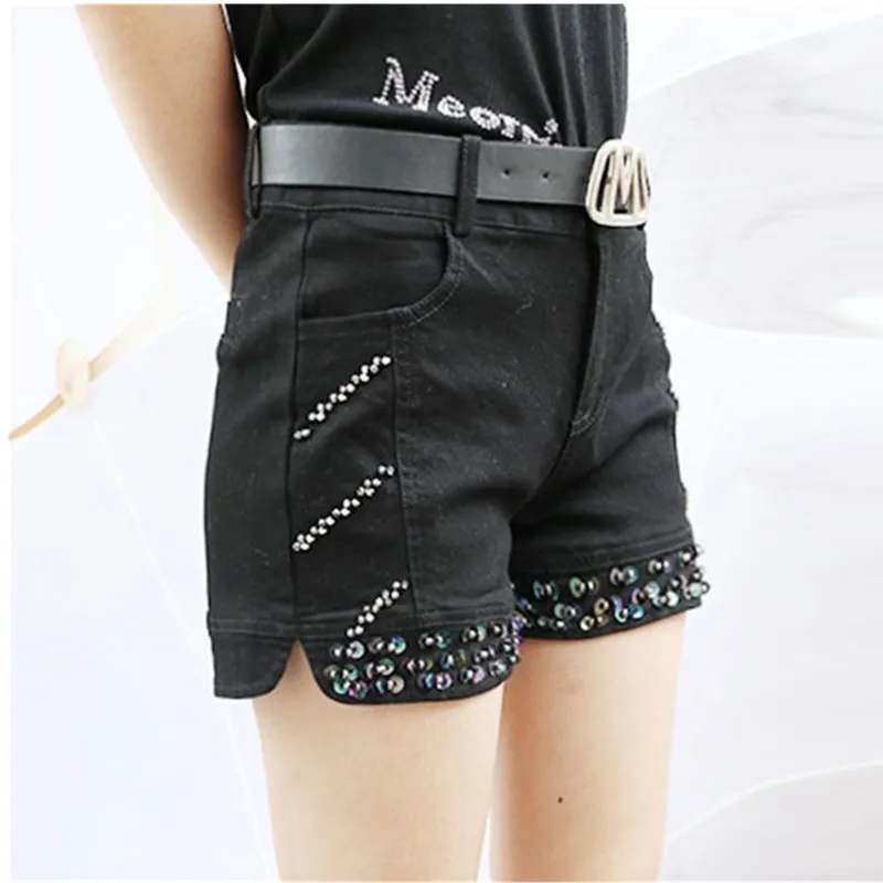 2024 Summer New Black Sequins Denim Shorts Women's Streetwear Korean Slim Chain Trend Hot Pants Casual Short Jeans