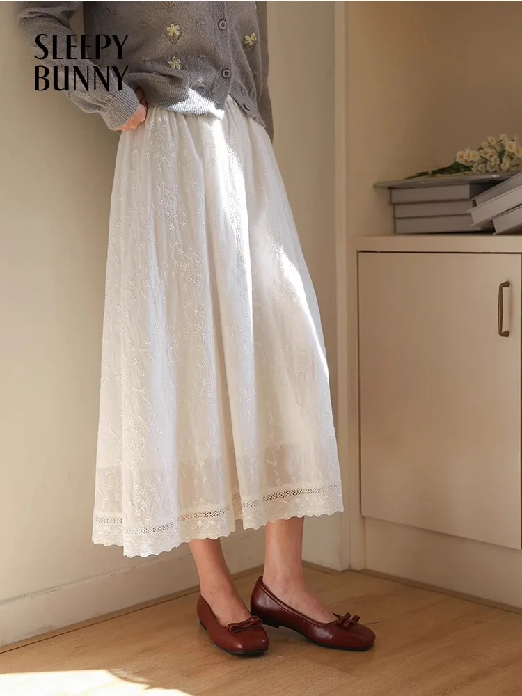 French Style White A-Line Midi Skirt Women Summer High Waist Flowy Slim Fit Elegant Lace Hem Skirt Petite Friendly Casual Outfit