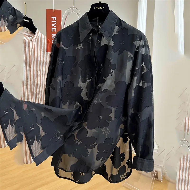 Spring Summer Mid-Long Shirt Women 2024 New Fashion Loose Leisure Large Size Sunscreen Shirt Pure Colour Blouse Black 5XL Female