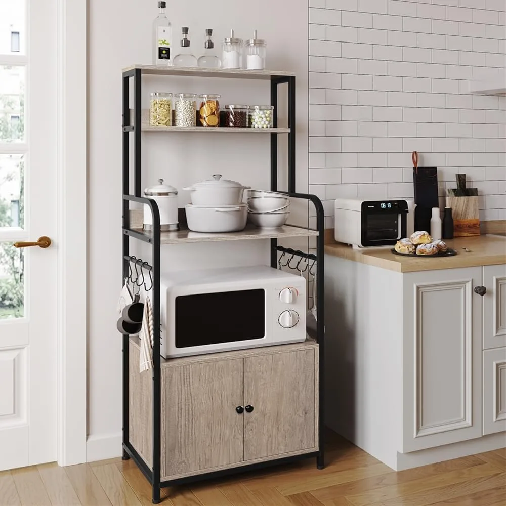 

4-Tier Kitchen Bakers Rack with Storage Cabinet, Microwave Stand and Coffee Bar Pantry, Freestanding Shelves with Hooks in Gray