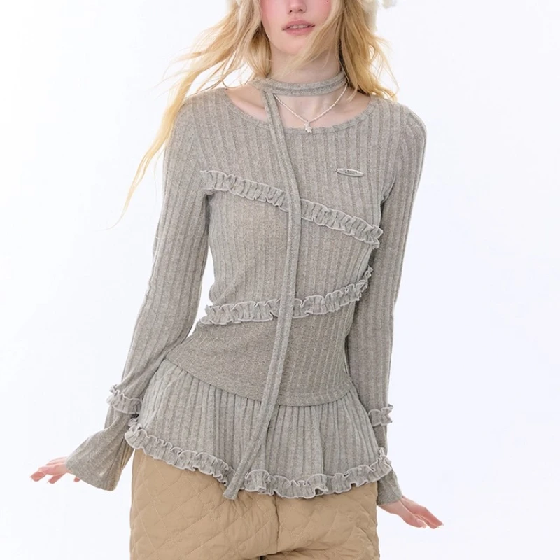 الأمريكية الرجعية تصميم غير النظامية تكدرت الدانتيل المرأة قاع قميص الخريف الشتاء جديد تنوعا بلوفر مغزول السيدات #5