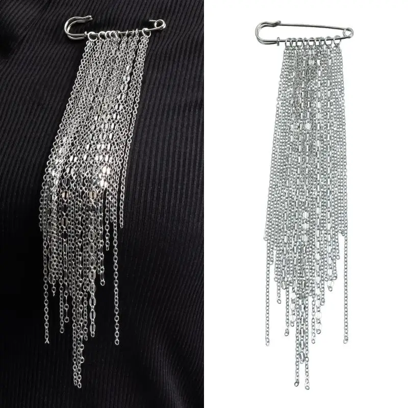 Hot Fashion Exaggerated Metal Chain Tassel Chain Pin Brooch For Women Hot Cool Suit Shirt Charm Fixed Needle Accessories Jewelry