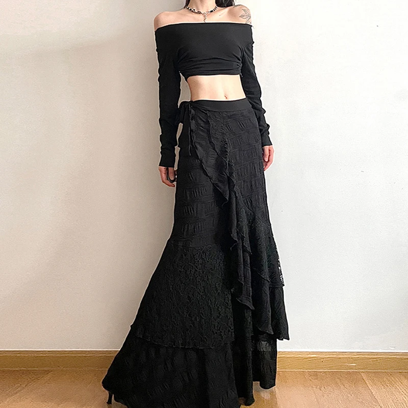 

Y2K Black Long Skirt Women Harajuku Gothic Lace Asymmetrical Maxi Skirts Summer Korean Ruffles Patchwork Bandage Design Faldas