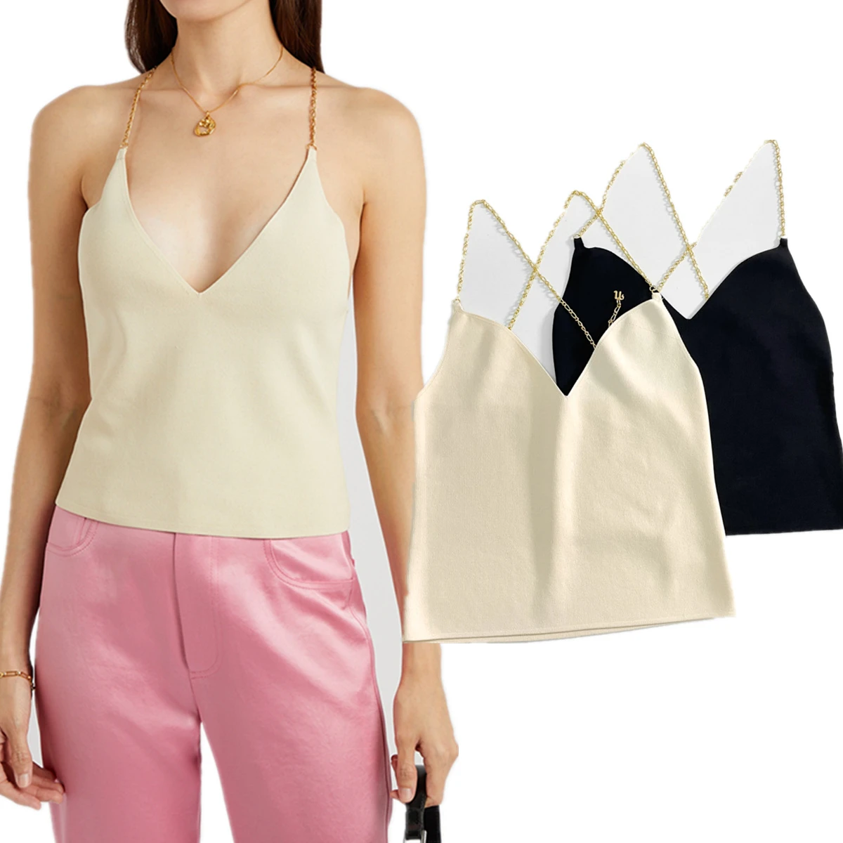 

Maxdutti Summer Shirt Women French Elegant V-neck Gold Chain Strap Knitted Camisole Women's Minimalist Blouse Tops Women
