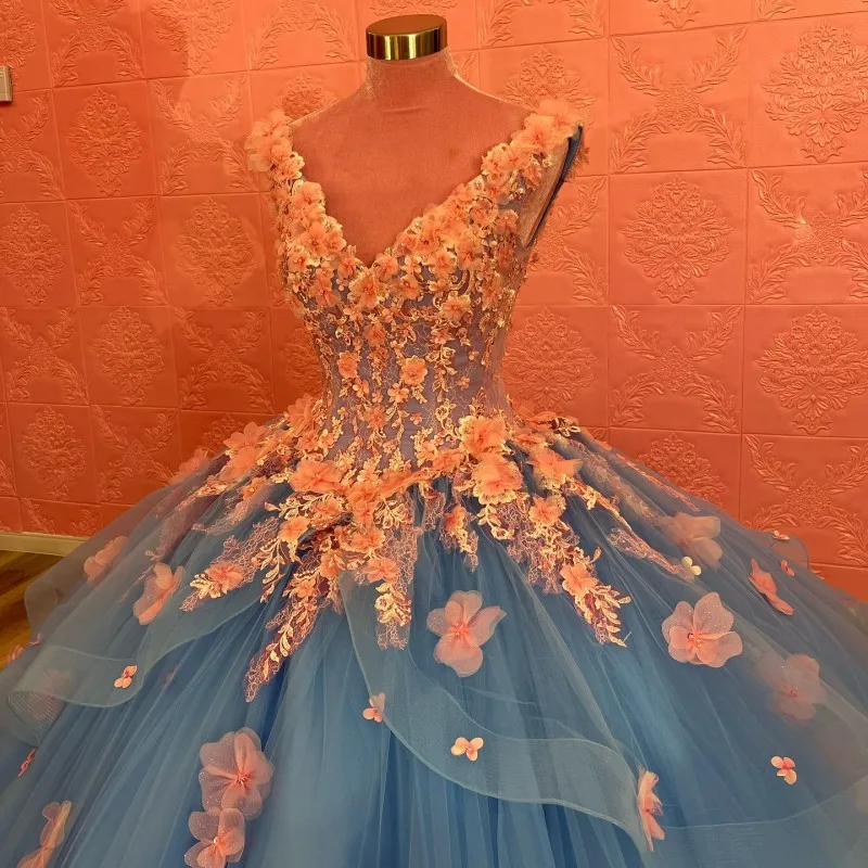 Błękitna seksowna sukienka z dekoltem w serek księżniczka na bal sukienka na Quinceanera różowa suknia balowa 3DFlowers słodka sukienka 15 16 dla dziewczynek