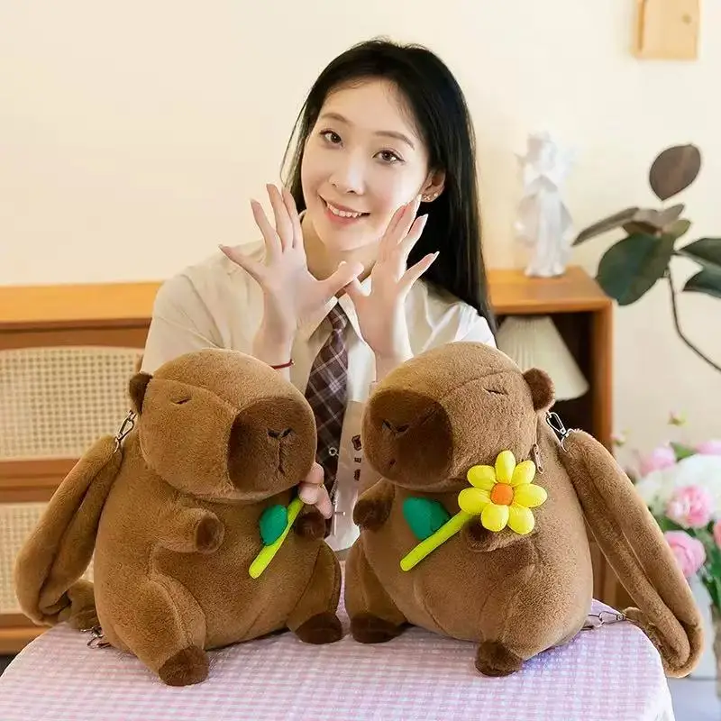 귀여운 카피바라 봉제 인형 백팩 오렌지 크로스바디 백 어린이 선물 더블 숄더 백 봉제 동물 파우치 키즈 선물