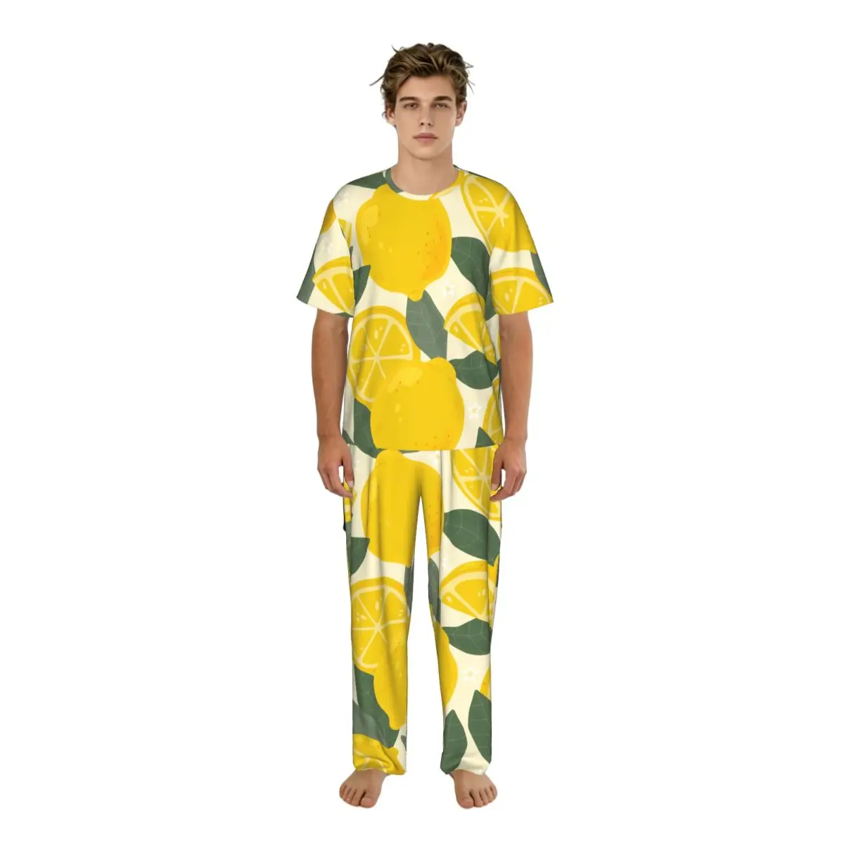 Men's Casual Pajamas Sets Short Sleeve and Pants Sets Male Sleepwear Fruits With Lemons Home Clothes