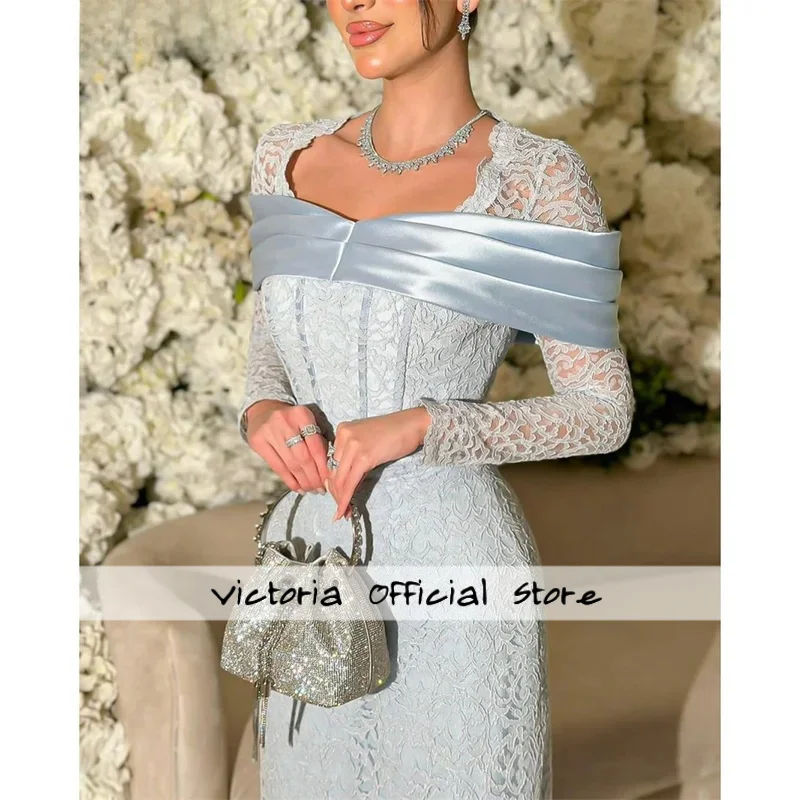 

Dubai Lace Spaghetti Strap Zip Prom Dress Square Neck Long Sleeve Evening Dresses Ankle-length Robes Customized