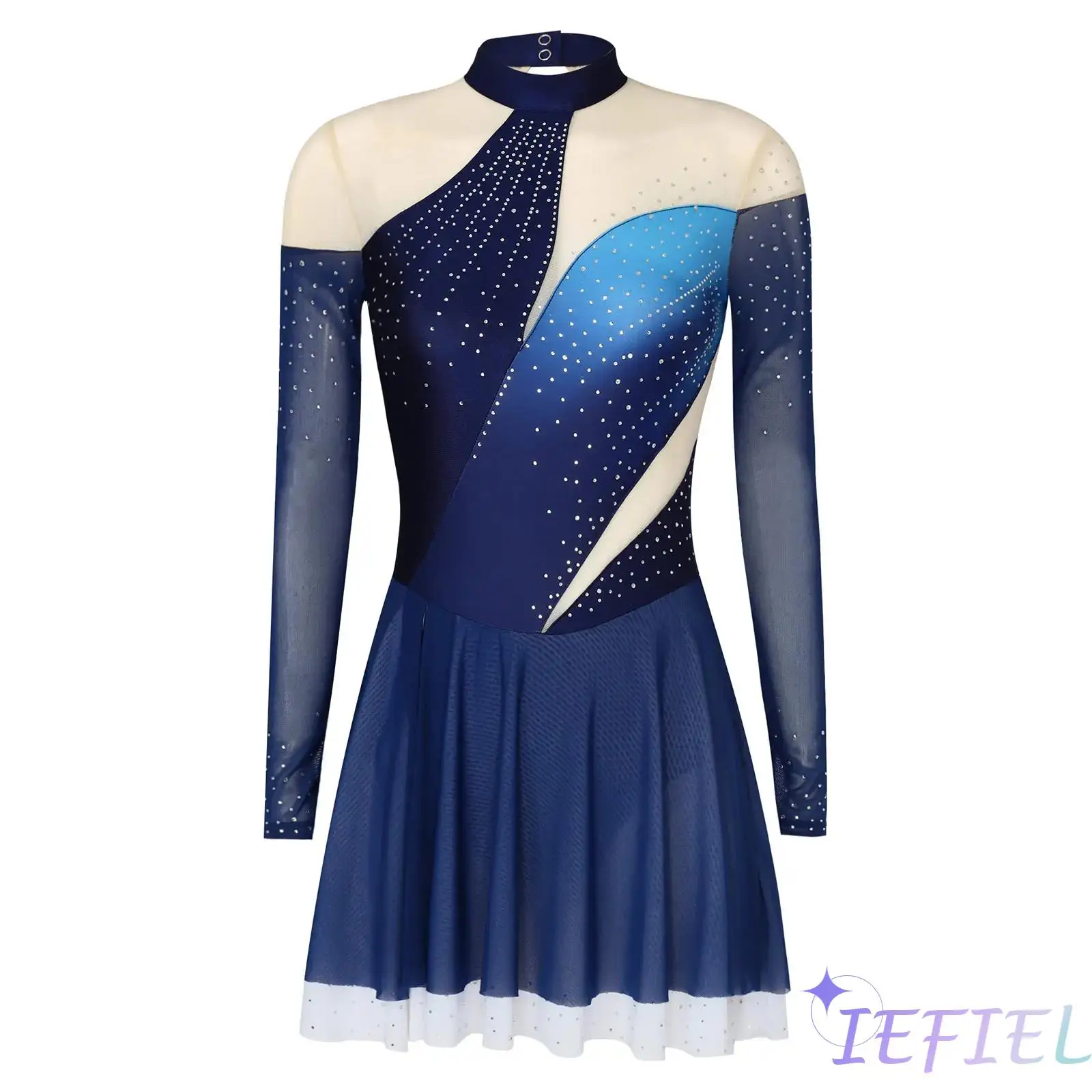 

Women Figure Skating Costumes Rhinestones Long Sleeve Back Cut Built-In Crotch Buttons Briefs Ruffled Contemporary Dance Dress
