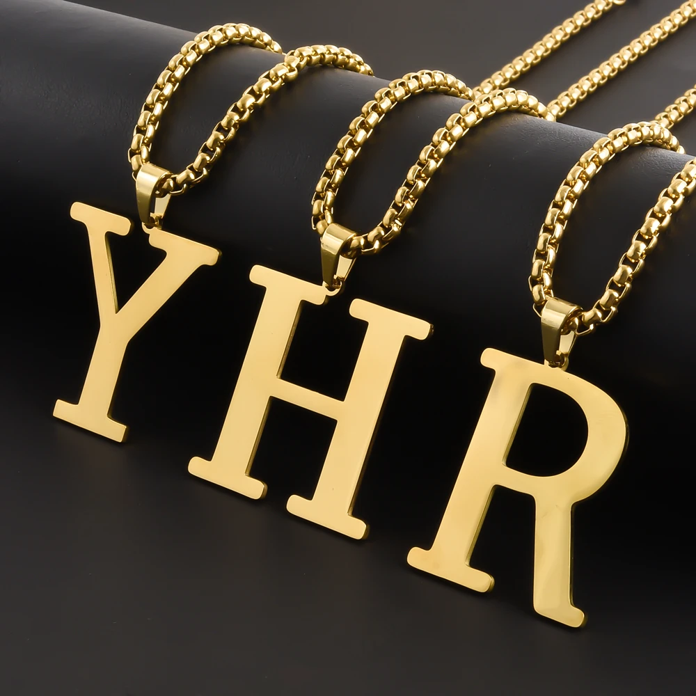 Initial Alphabet Collar Hombre Stainless Steel Big 26 Letters Pendant Necklaces For Women Men Jewelry 50/60/70cm Box Link Chain