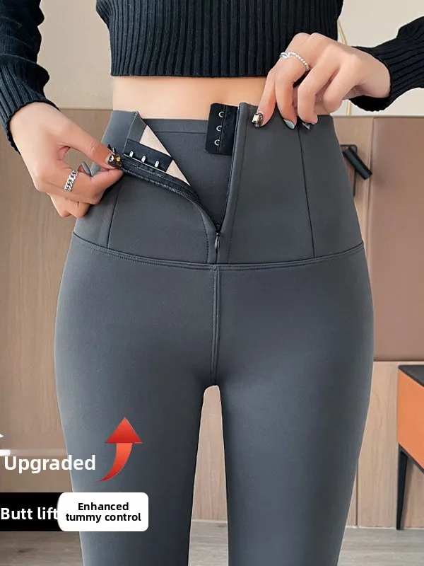 High Waist Thickened Fleece Zipper Belly Sharkskin Pants Women's Autumn Winter Tight Fit Butt Lifting Pants Casual Long Pants