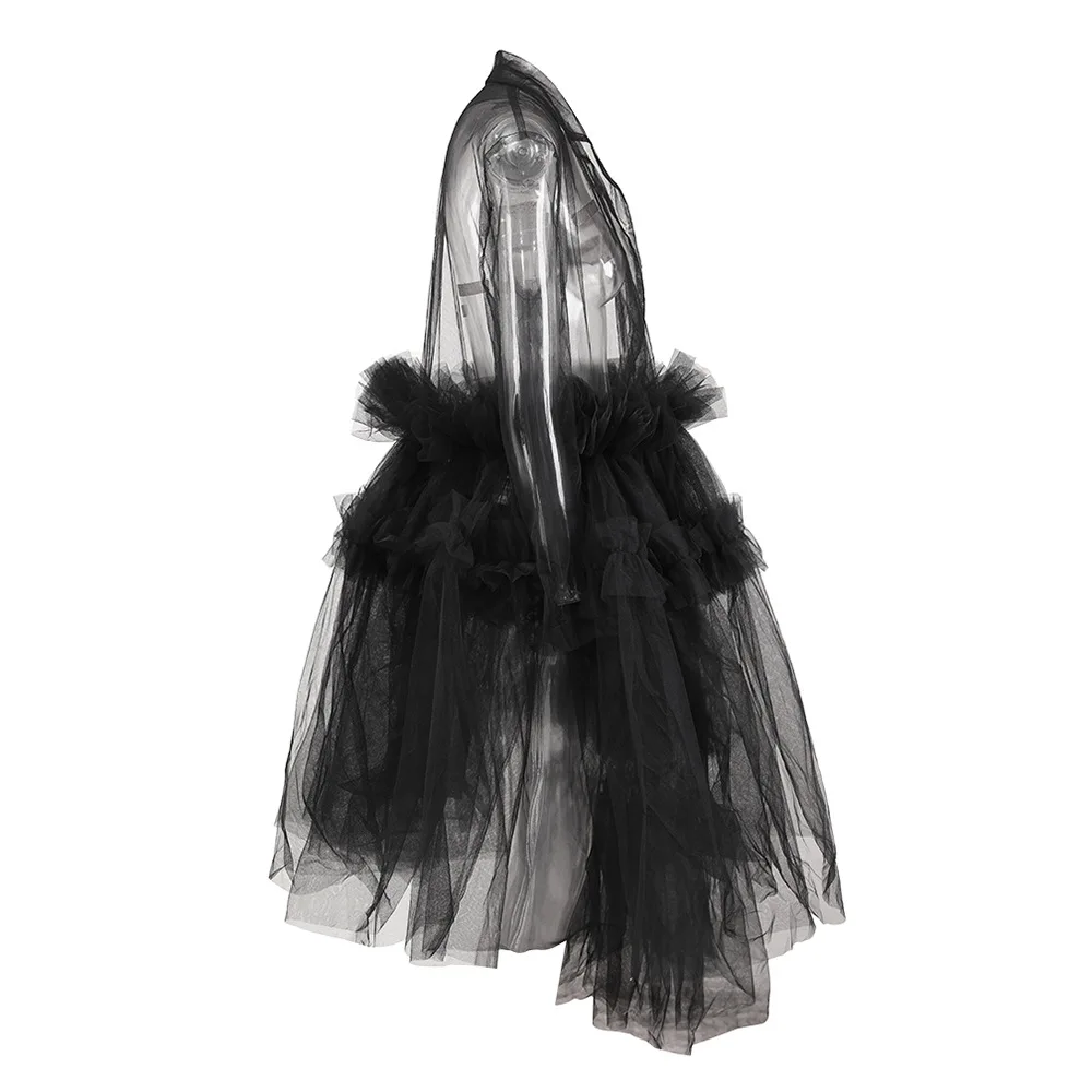 Heavy Industry Design See-through Tulle Skirt Summer New Tailored Collar Irregular Multi-Level Stitching Dress