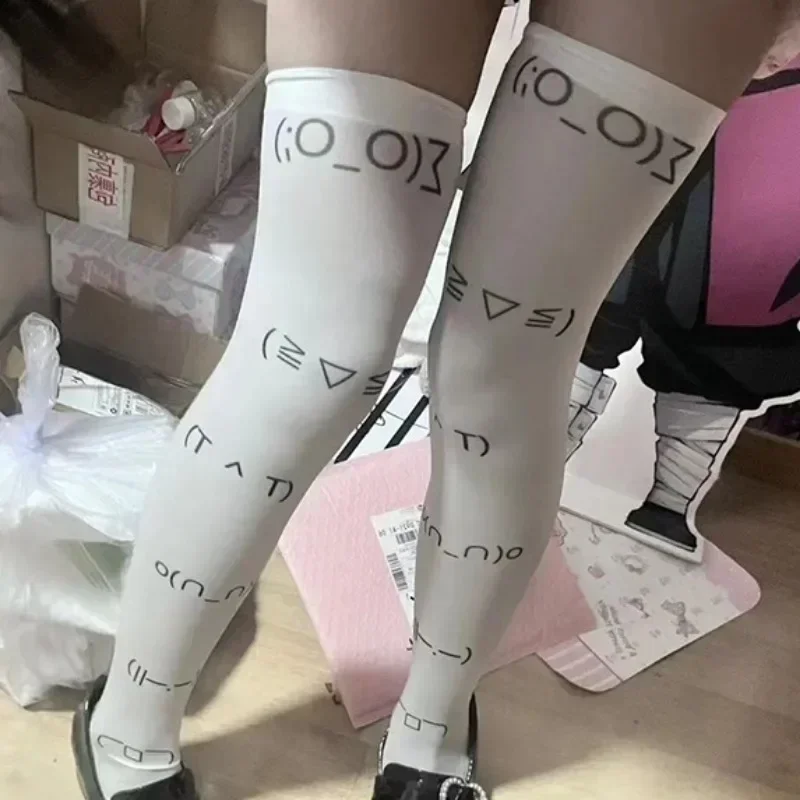 Kawaii Expression White Graffiti Letter Print Long Socks Harajuku Over Knee Thigh High Stockings Y2K Cosplay Cute Socks Kawaii