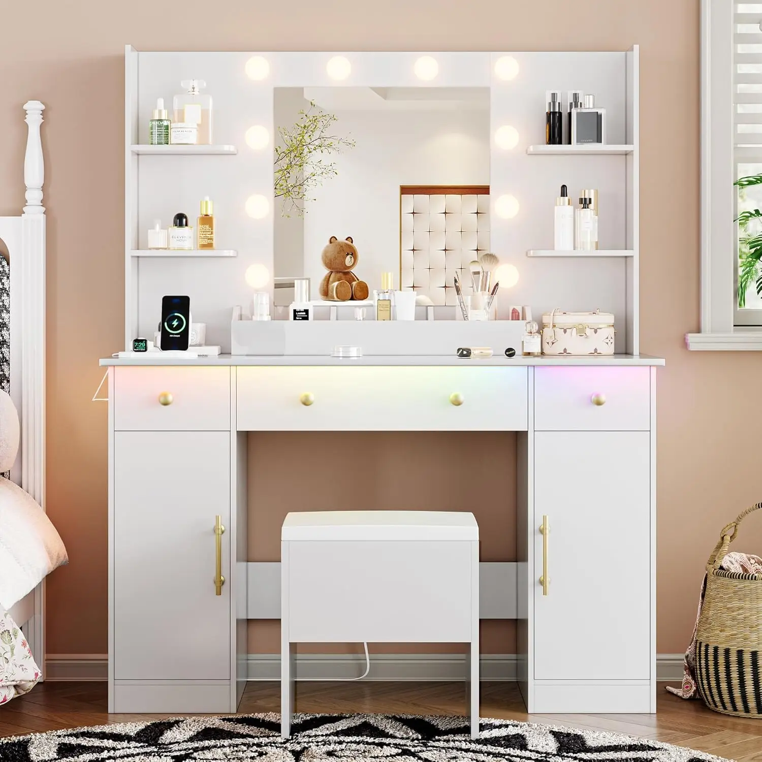 Vanity Desk with Mirror and Lights, 43'' White Makeup Dressing Table Set with 5 Drawers & Chair, Power Outlet, 3 Lighting Modes