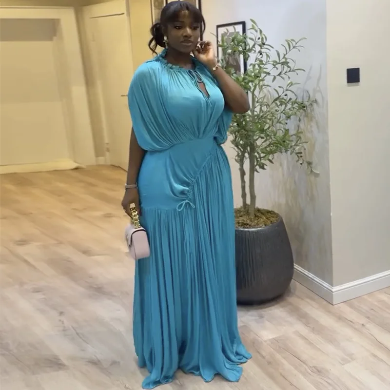 

Blue Plus Size Prom Dress Sexy Short Sleeves Ruffles Long Summer Party Gown Casual Hot Girl Formal Wedding Birthday Beach Robe