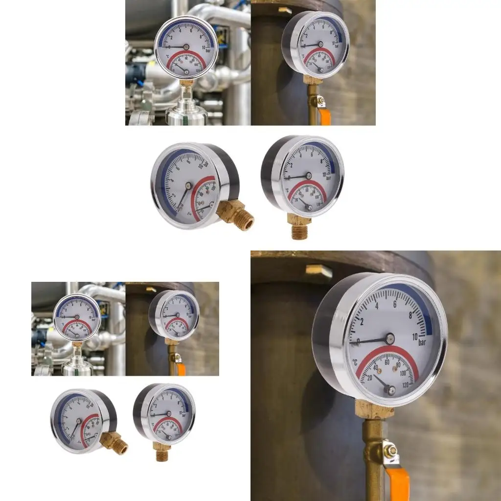 

1/4in NPT 2.4in Liquid Filled Pressure Gauge 0-10Bar 0-120℃ Thermal Pressure Gauge Thermo-manometer Boiler