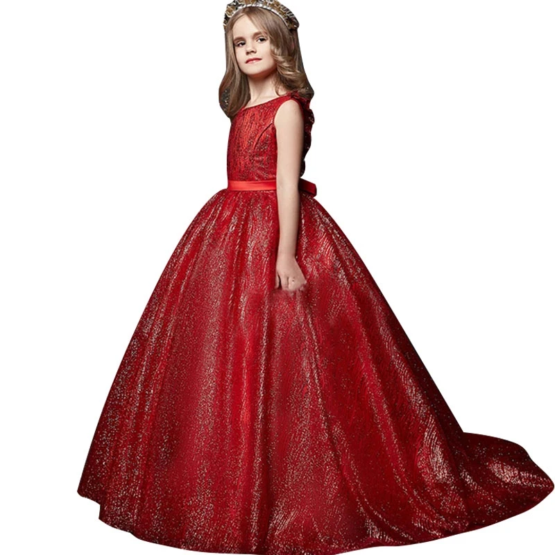 Children Evening Gown Princess Host Large Red Flower Girl Dress Long Tail Model Catwalk