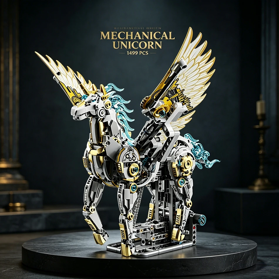 

1499 PCS Mechanical Winged Unicorn Model Building Blocks with Motor LED Mythical Pegasus Alicorn Animal Bricks Toys Kids Gifts