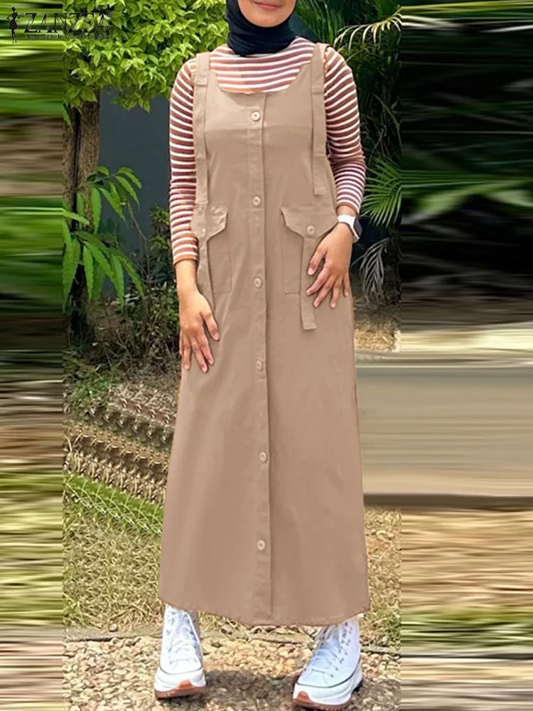 

Vintage Spaghetti Strap Dubai Turkey Sundress ZANZEA Summer Overalls Dress Fashion Women Square Neck Solid Muslim Abaya Vestido