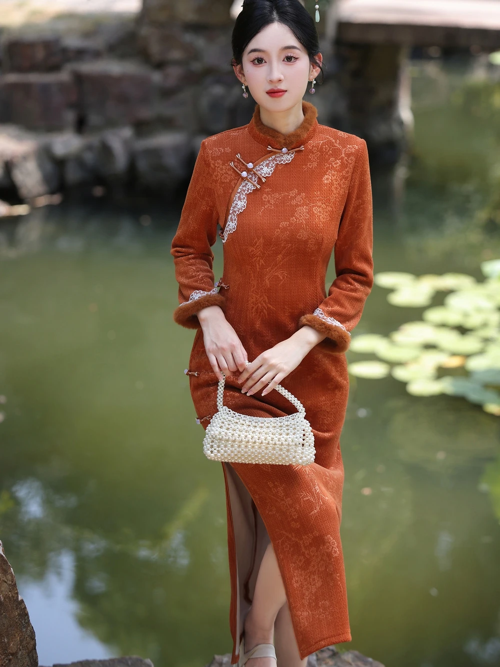 Ele Thiened Fce Young Sle Version améliorée hiver Vintage minceur Qipao Dr motif Floral Long Sve Long Dr