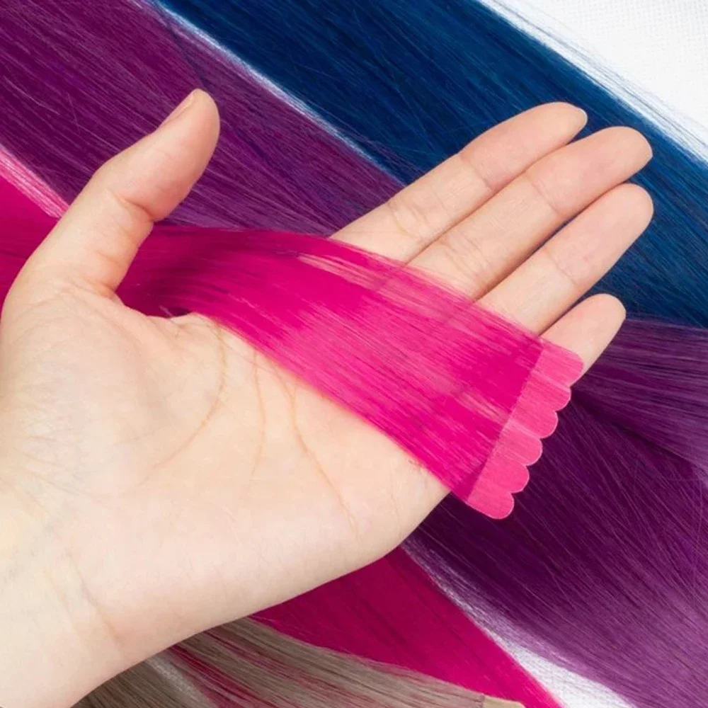 10pcs/pack Tape In Hair Extensions Invisible Adhesive Synthetic Colored Tape In Hair Extension Pink Purple Blue Colorful Hair image 5