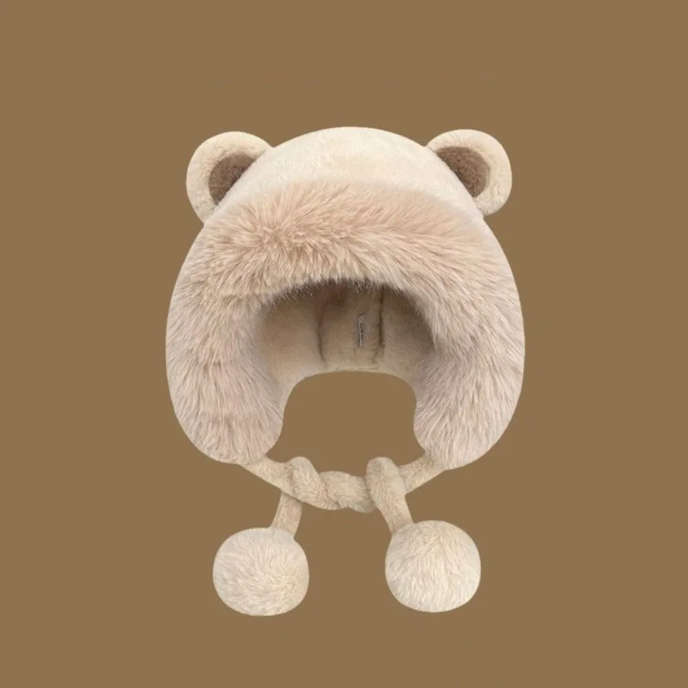 

New Warm Winter Hat Woolen Lacing Bear Ears Hat Ear Protection Velvet Bucket Hat Women