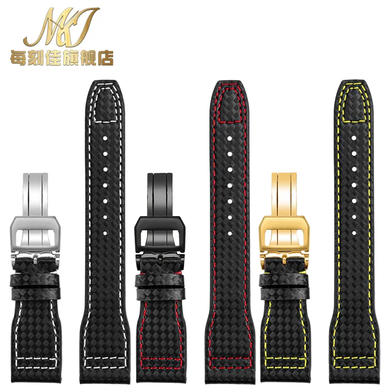 Cowhide lea/ther watch strap 20 21 22 Carbon fiber lines black red yellow white line watchband For IWC pilot Mark-xx portugieser