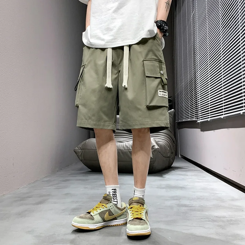 Men\'s Elastic High Waisted Solid Color Pockets Drawstring Bandage Casual Loose Summer Straight Cargo Sports Pants Vintage Shorts