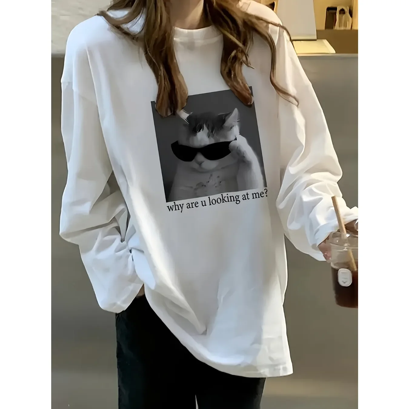 Grafisches Damen-Freizeit-T-Shirt aus 100% Baumwolle mit langen Ärmeln, lustigem Katzen-Print, Rundhalsausschnitt, Herbst-Winter, koreanischer Stil, lässiges Katzen-T-Shirt – Detail 2