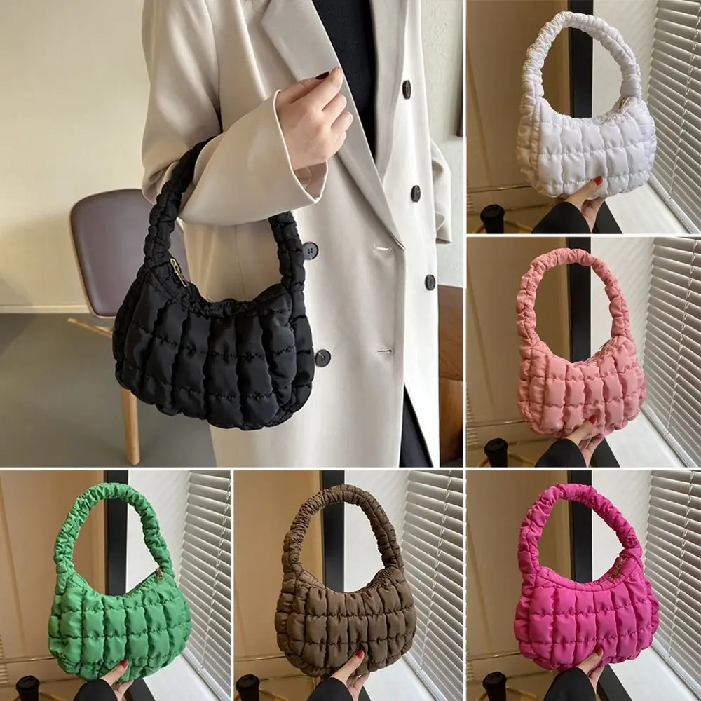 Women Small Quilted Tote Bags Winter Lightweight Down Cotton Padded Plaid Shoulder Bags Fashion Underarm Bags Puffy Handbags