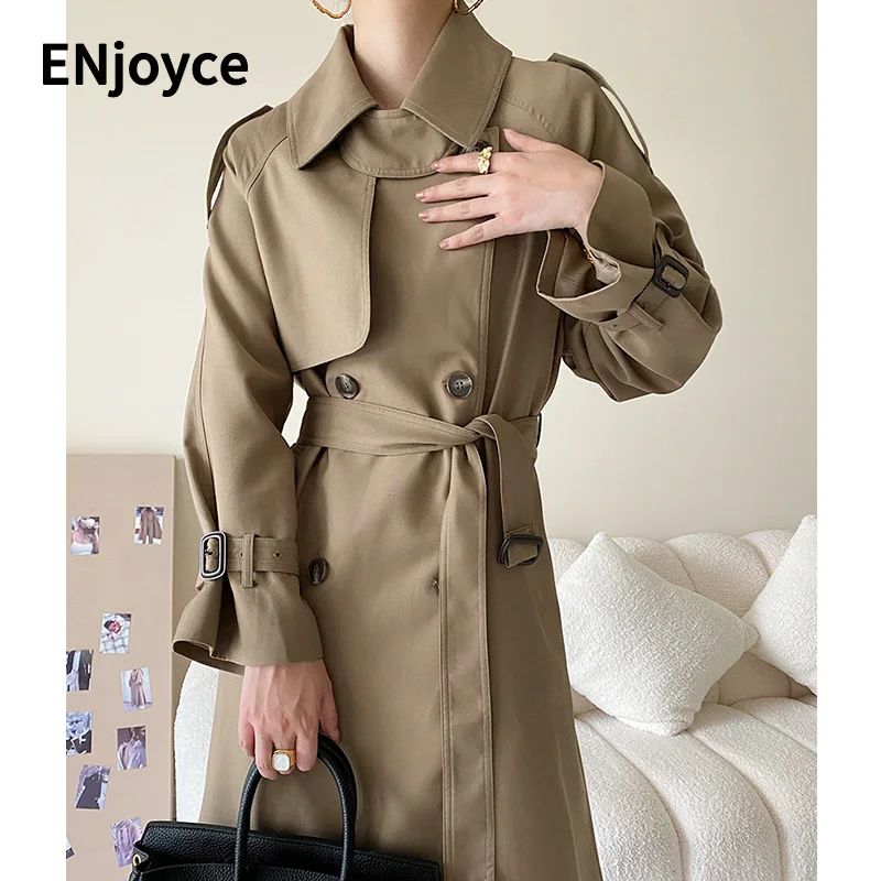 

Women Double Breasted Trench Coat Office Lady Notched Collar Full Sleeve Overcoat With Belt Elegant Long Chic Outerwear Fall