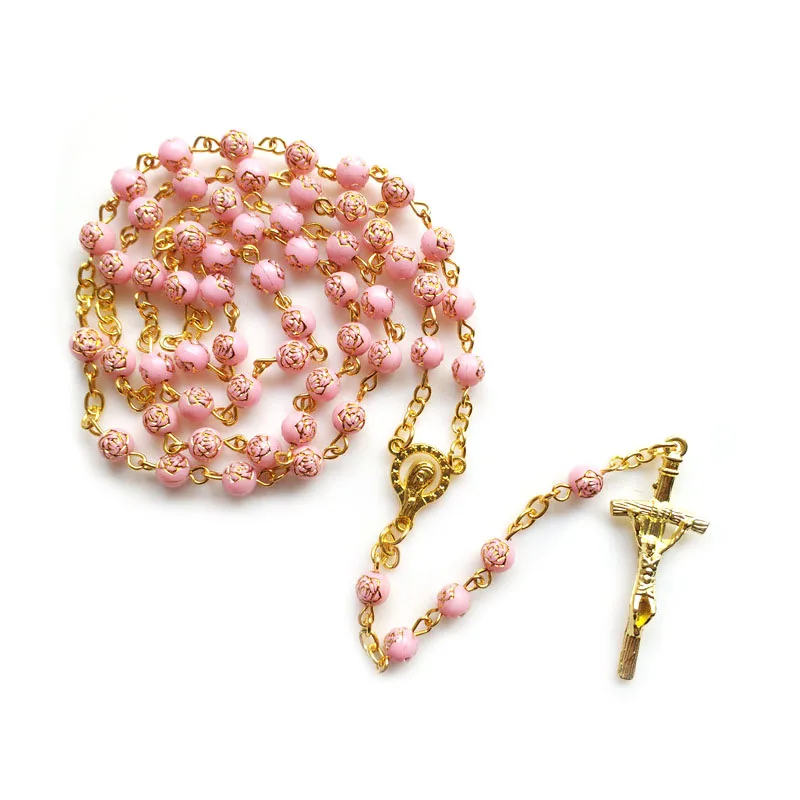 QIGO Rosa cuentas de plástico Rosario crucifijo colgante collar largo religioso oración joyería