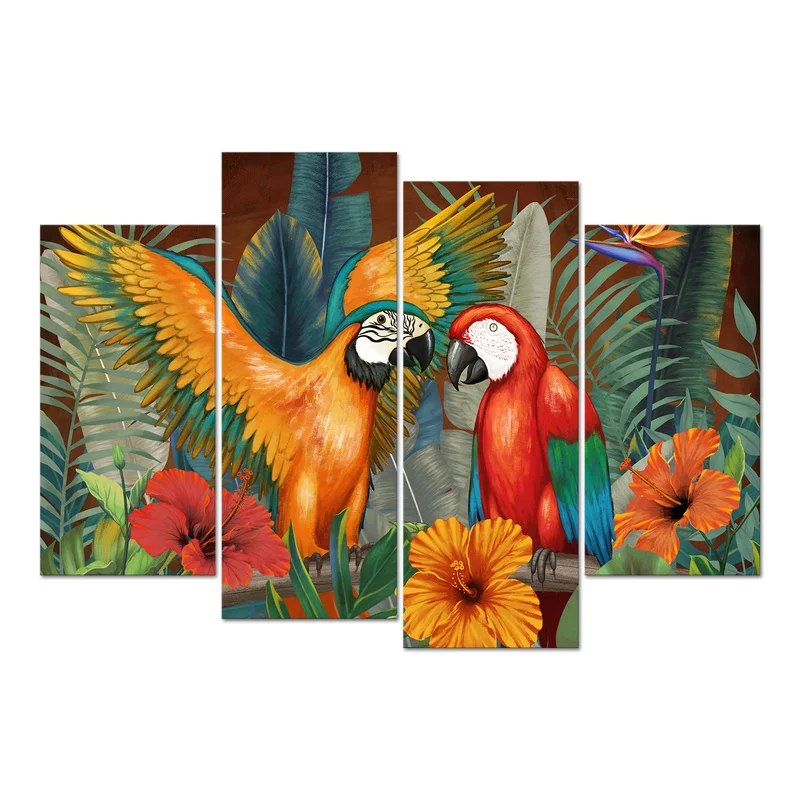 

4 Pieces Macaw Parrot Wall Art Posters Birds and Flowers Print Canvas Painting Modern Style Picture Living Room Home Decor