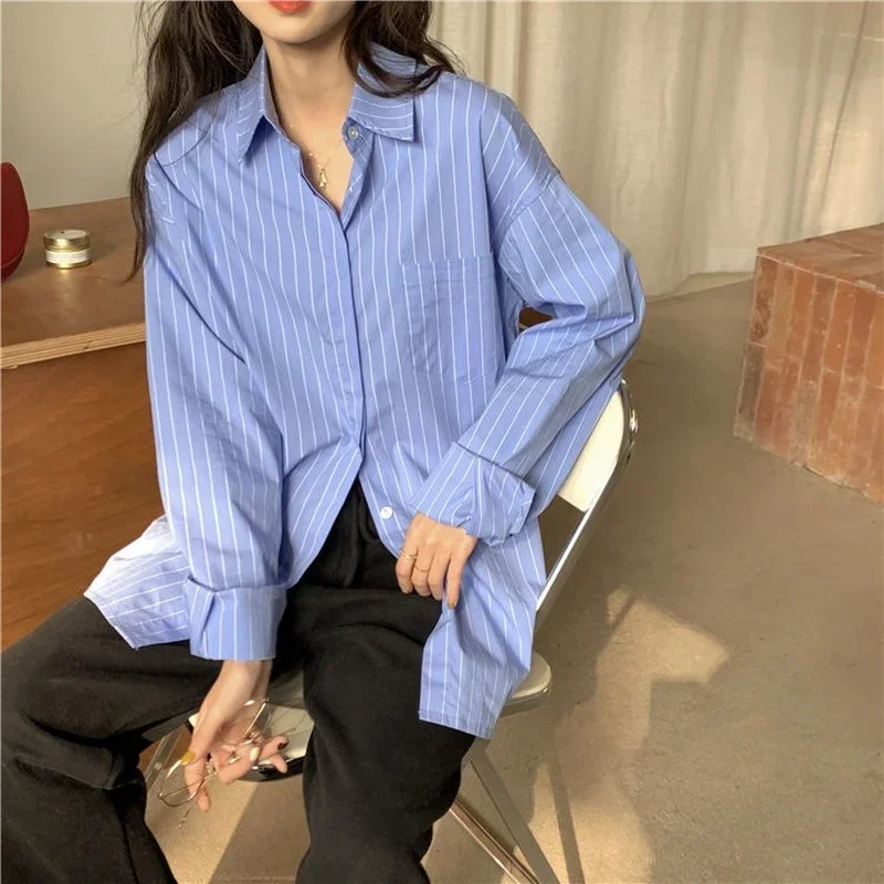 Shirts Women Blue Striped Loose Harajuku Long Sleeve Casual Spring Tops Students All-match Fashion Simple Korean Ulzzang Chic BF