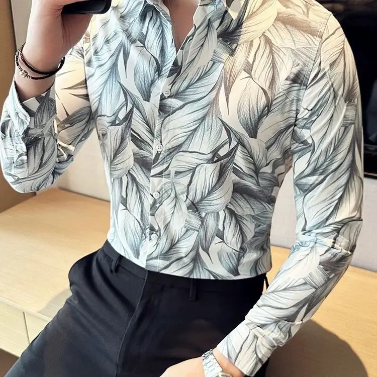 Men's Fashion High-End New Long Sleeve Casual Korean Style Personalized Slim Fit Print Hipster Trendy Shirt