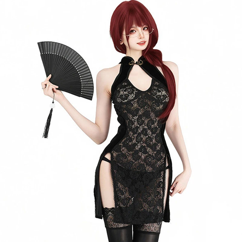 AniLV Anime Women Chinese Lace Flower Chipao Dress Set Sexy Lingerie Temptation Cheongsam Erotic Outfits Cosplay Costume