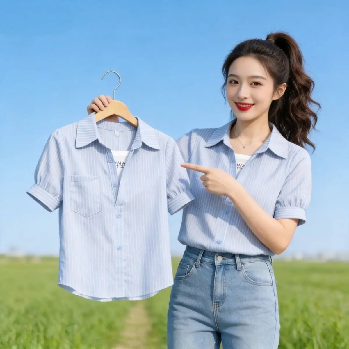 

Summer Women's Loose Fit Slimming Stripe Shirt Short Sleeve Korean Style Polyester Fiber Thin Material V-Neck Casual Top