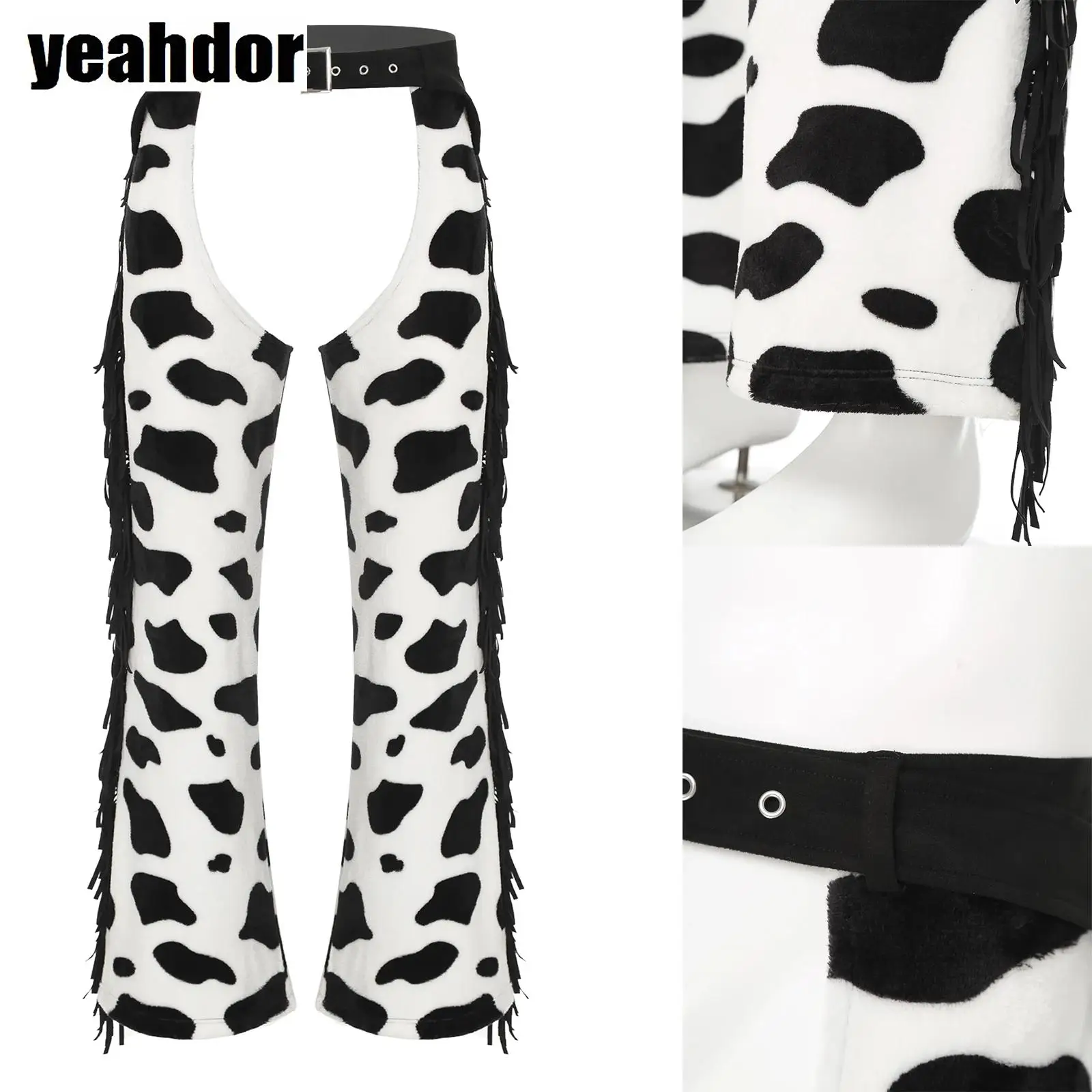 

Men Halloween Cowboy Cosplay Costumes Cow Print Flannel Pants Adjustable Waist Side Tassel Open Crotch Cowboy Chaps Rave Party