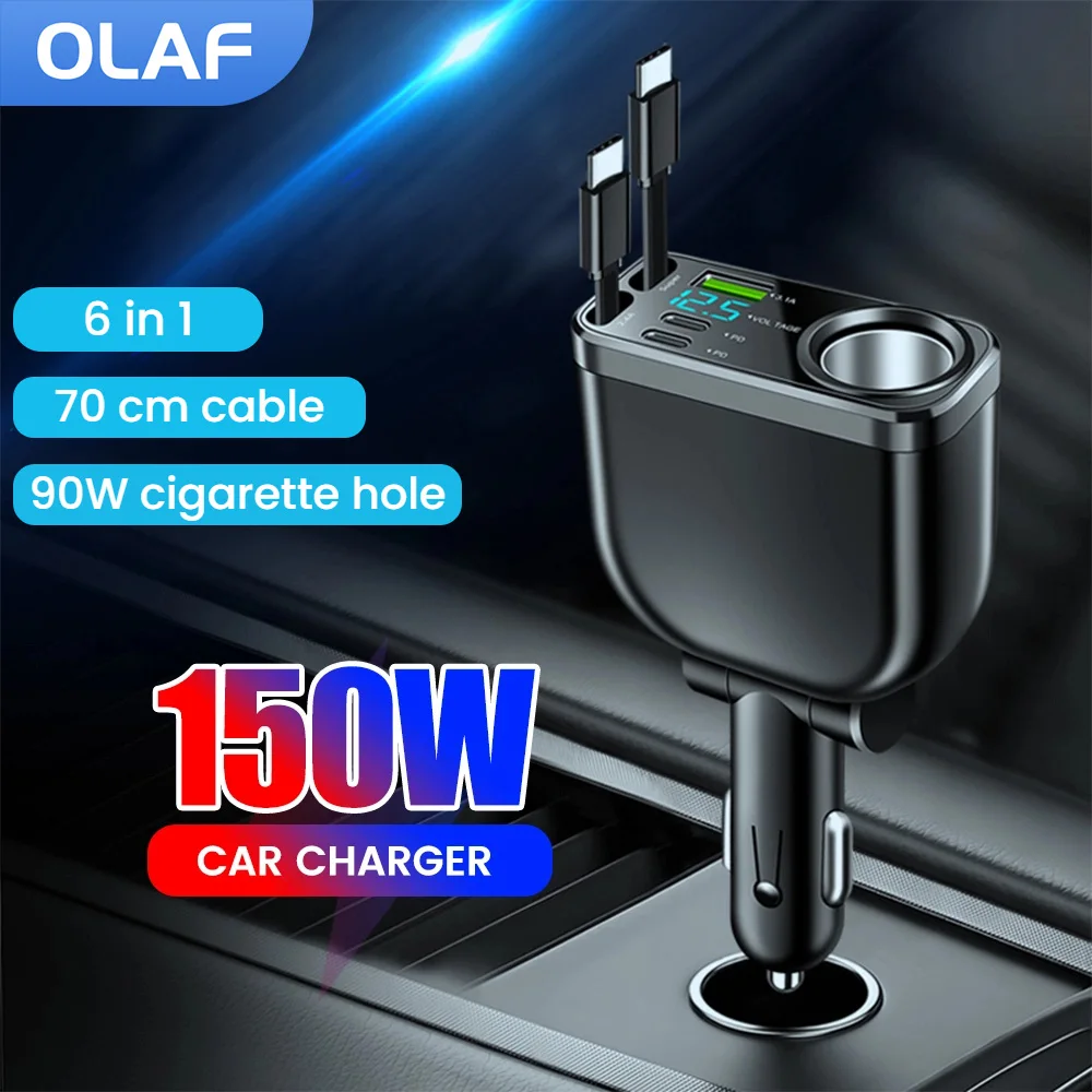 150W 5 Port USB Car Charger Type C Fast Charging Car Cigarette Lighter with Retractable USB C Cable For Iphone Xiaomi Huawei