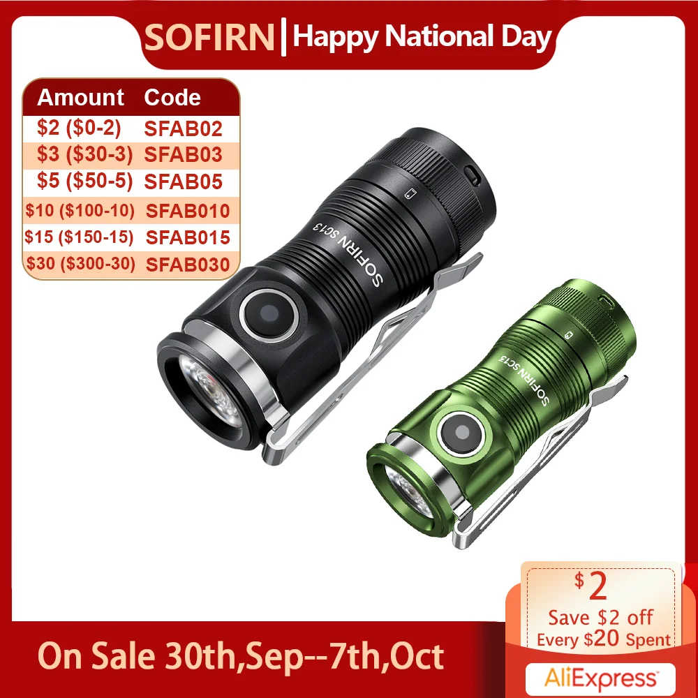 Sofirn SC13 SST40 LED 1300lm Mini Tactical 18350 Flashlight 6000K Keychain Emergency Torch
